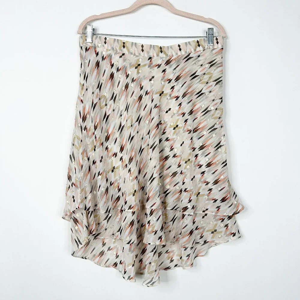 2/$30 White House Black Market Flowy Layered Gold Foil Skirt Pink 12 #A0409